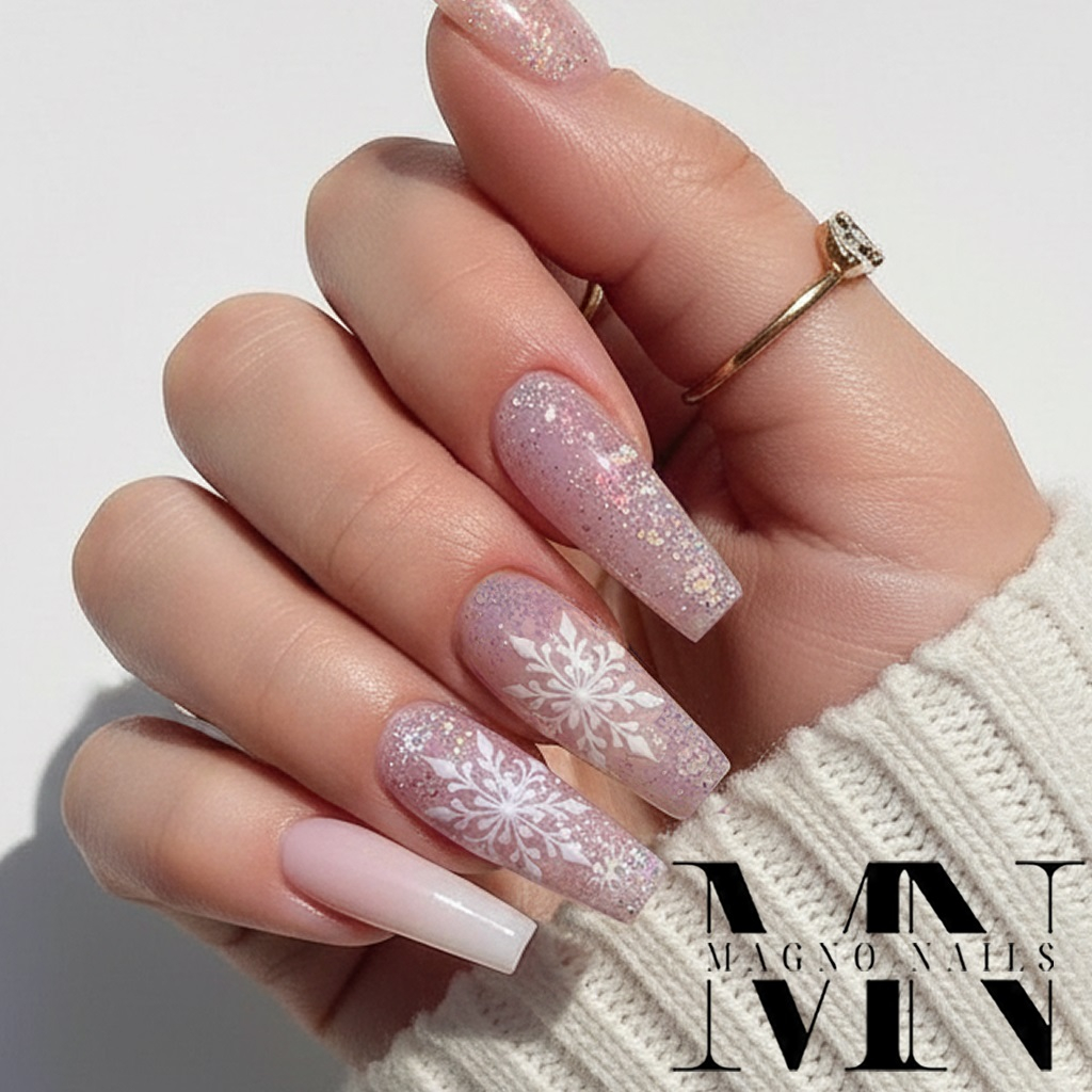 Winter Lange Ballerina Nägel mit Schneeflocken