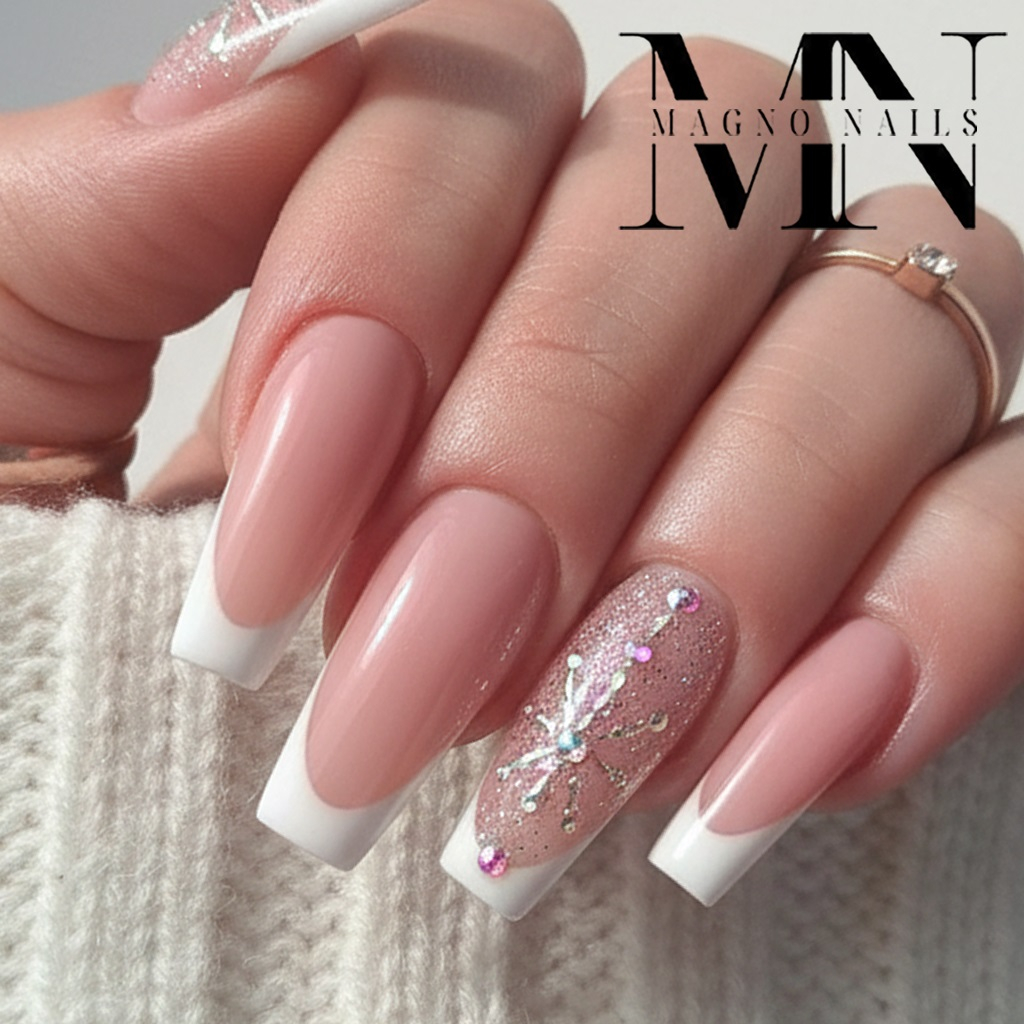 Nude Nägel - Nageldesign French mit Schneeflocken aus Strasssteinen