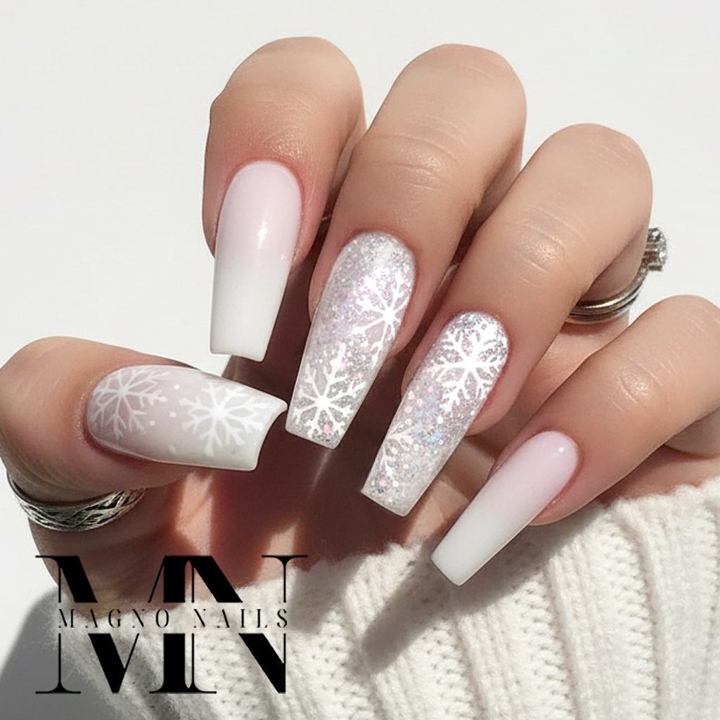 Weisse Winter Nägel - Grobe Gliltter Schneeflocken Naildesign