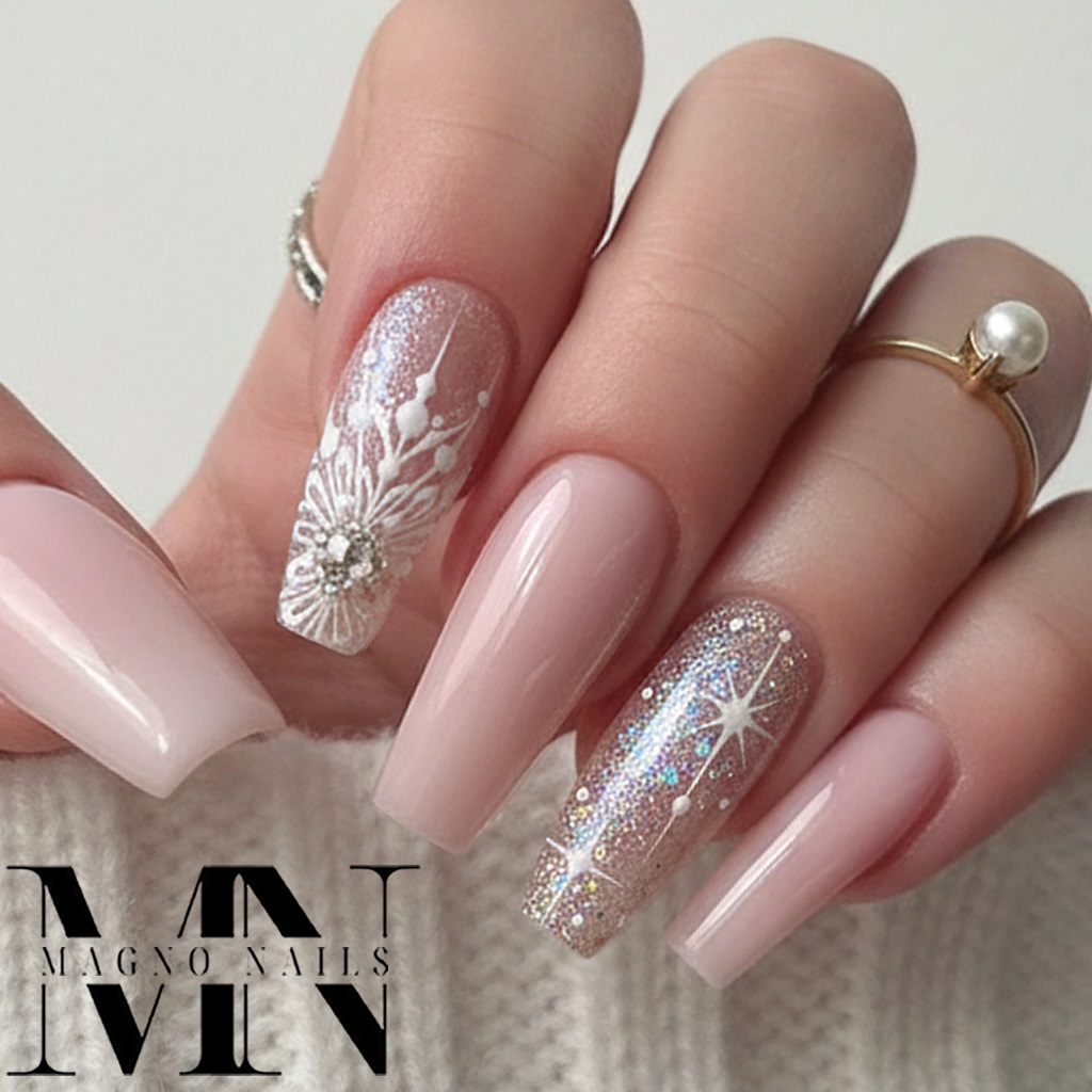 Rosa Nude Nageldsign - Blumen Schnörkel Ballerina Nägel