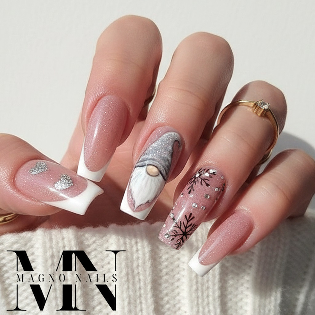 Weihnachtsnägel - Schneeflocken Wichtel Beige Disco Glitzer