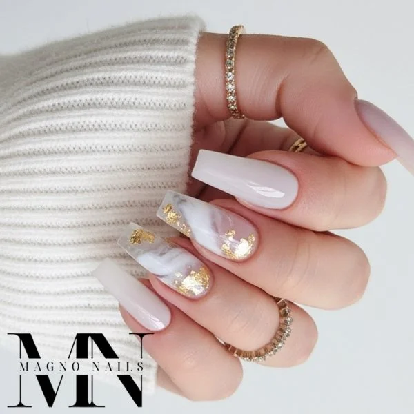 Polygel - weiss milchig - Nageldesign Ideen mit Marmor Design