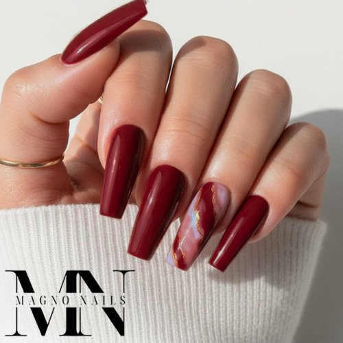 Preview: Weinrote Nägel - Rote Nageldesign Luxus Marmor Nagel