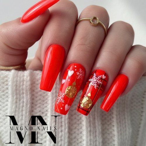 Preview: Neonrote Nägel - Neored Nails - Kariert Weihnachtskugel Winter