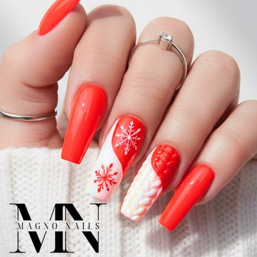 Preview: Neonrot Weiss - Winternägel Schneeflocke Strickmuster