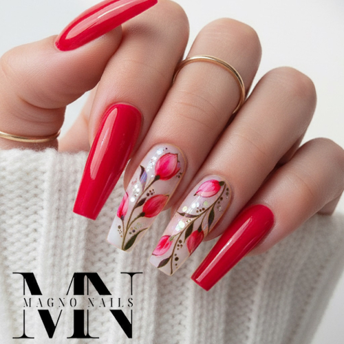 Preview: Rot pink Nägel mit Blumen - Neon Nägel