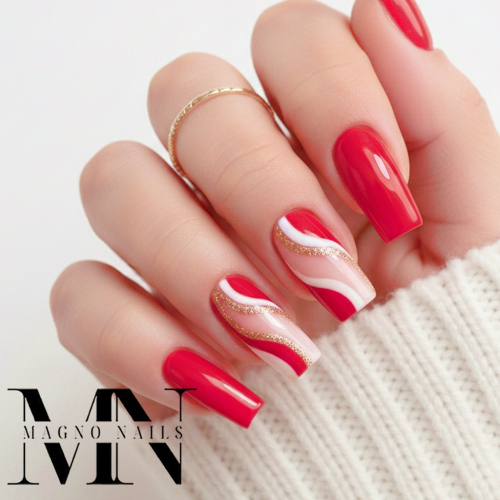 Preview: Rot Pinke Nägel - Red Naildsign Wellendesign Wellenmotiv