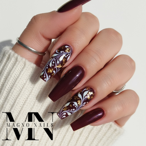 Preview: Dunkelrote Dunkelbraune Nägel mit Schnörkel - super Glanz