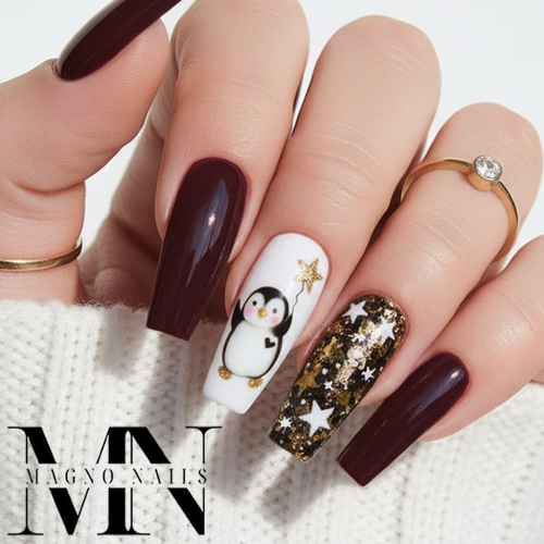 Winter Nägel - Dunkelrot schwarz Pinguin Sterne
