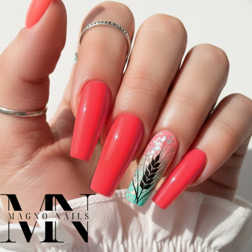 Preview: Rot Pinke Nägel - Nageldesign Natur Schilf - Blumen