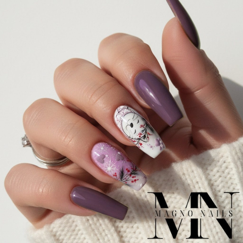 Preview: Lila Nude Nägel - Winter Nageldesign mit Tannenbaum Katze
