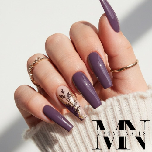 Preview: Lila Nude Nageldesign - Blumen Herbstdesign Blätter