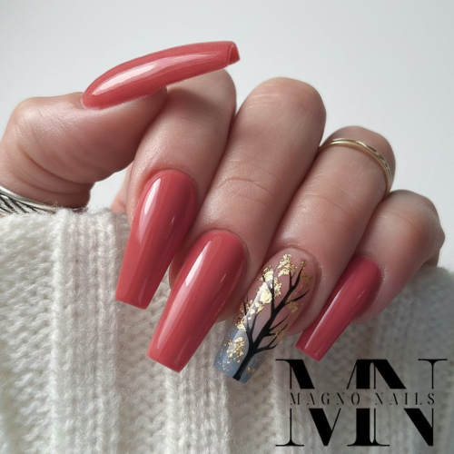 Preview: Rot Nude - Rosa Nude Herbstnägel mit einem Baum