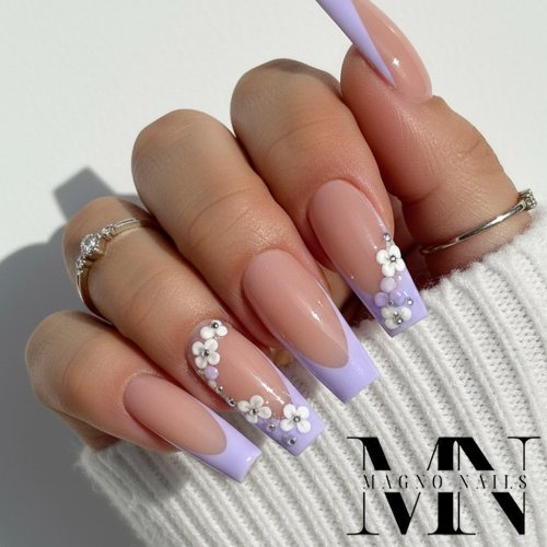 Preview: French Nägel in Flieder - Nageldesign Nägel Blumen Sommer