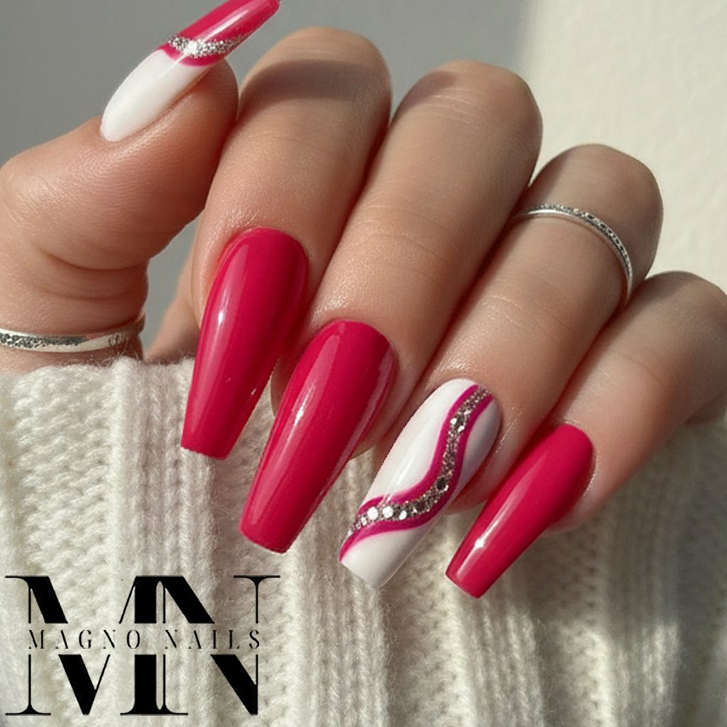 Pinke Nägel - Wellendesign Pink Nageldesign Strasssteine