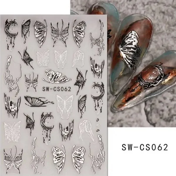 3D Nail Sticker - Schmetterlinge schwarz - silber SW-GS062