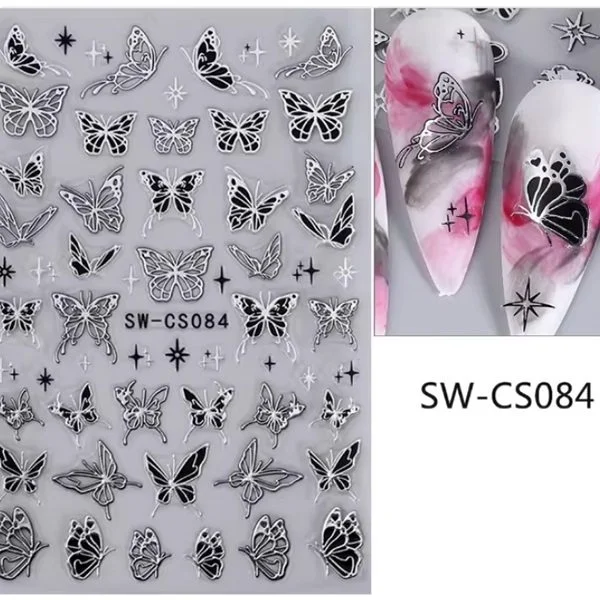 3D Nail Sticker - Schmetterlinge schwarz - silber SW-GS083